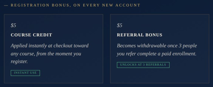Two $5 registration bonuses, course credit and referral bonus