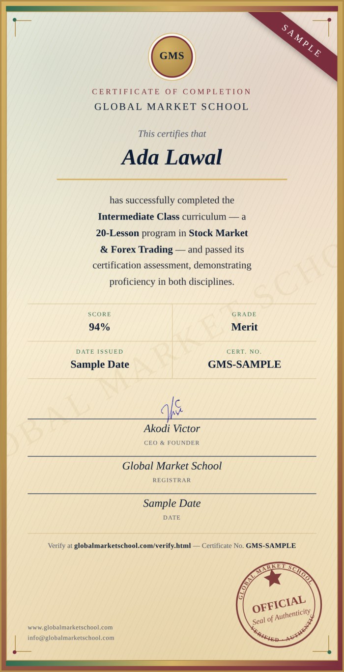 Sample Global Market School certificate
